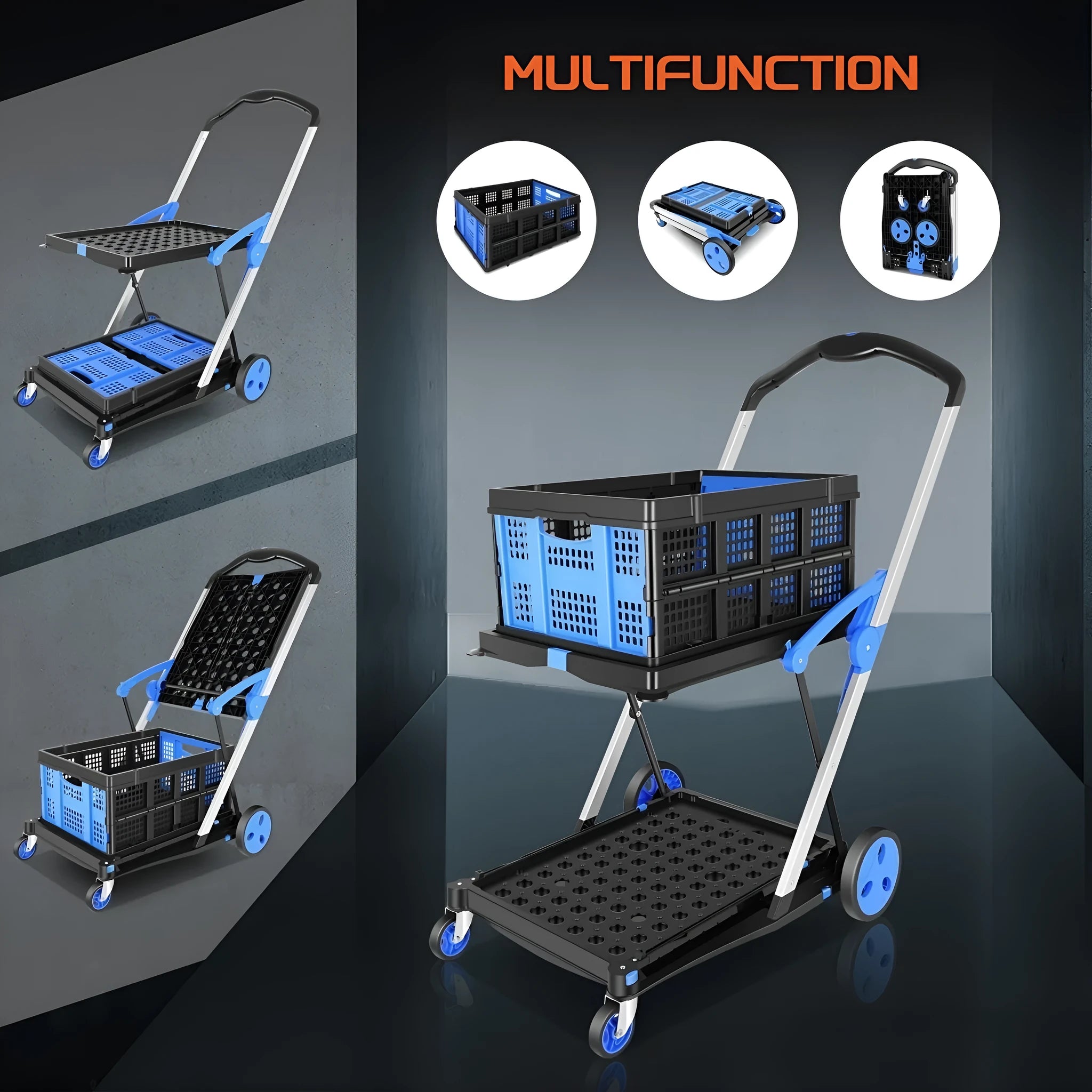 Foldable double-layer shopping cart shown in blue, purple, pink, and red colour options