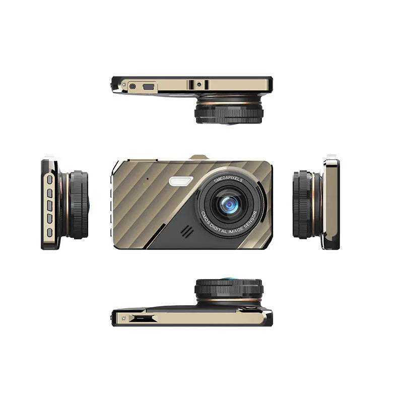 4 inch front and rear dual lens dashboard camera with touch screen display showing dual camera views