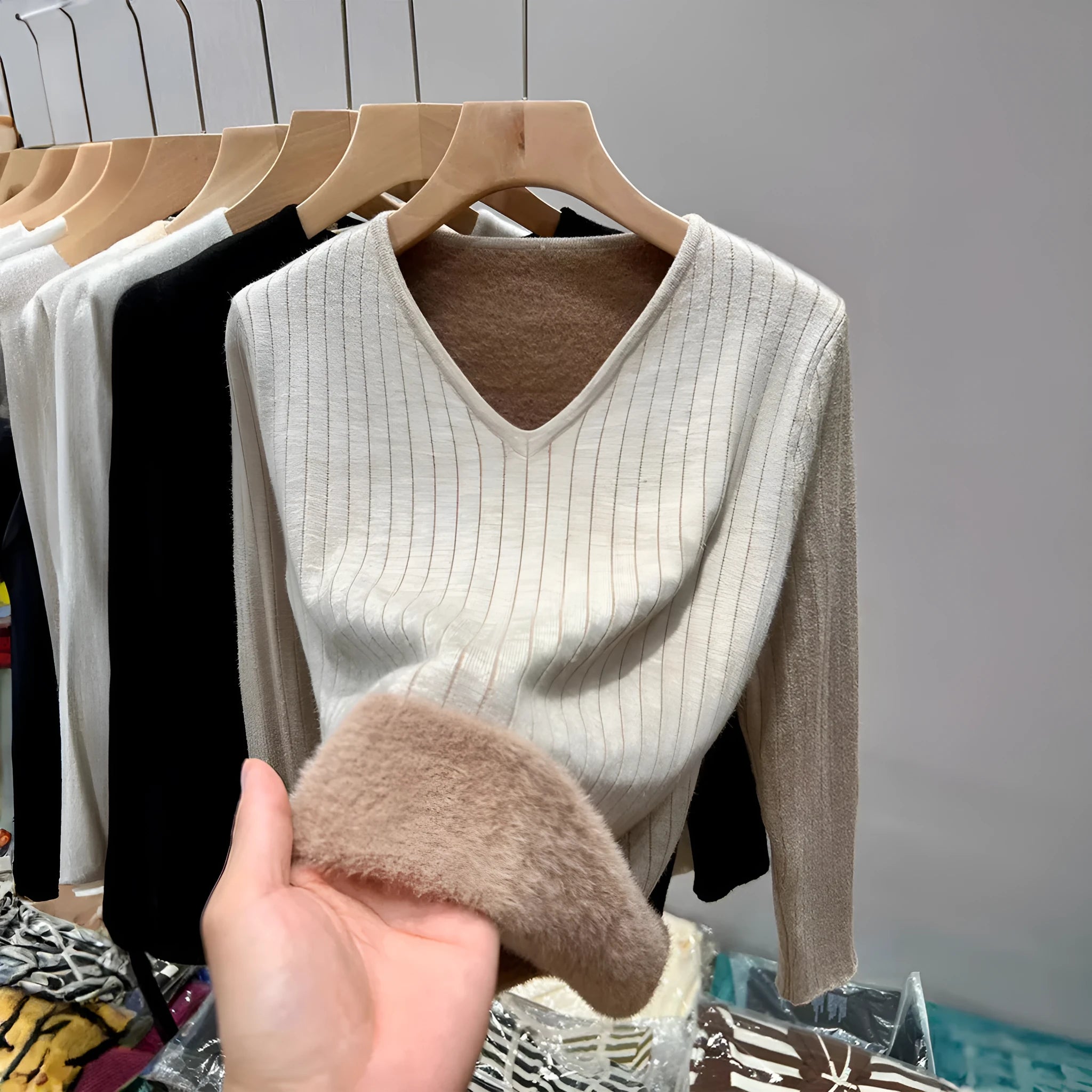 Women's V-neck long sleeve T-shirt sweater in khaki viscose fabric, shown as a pullover top