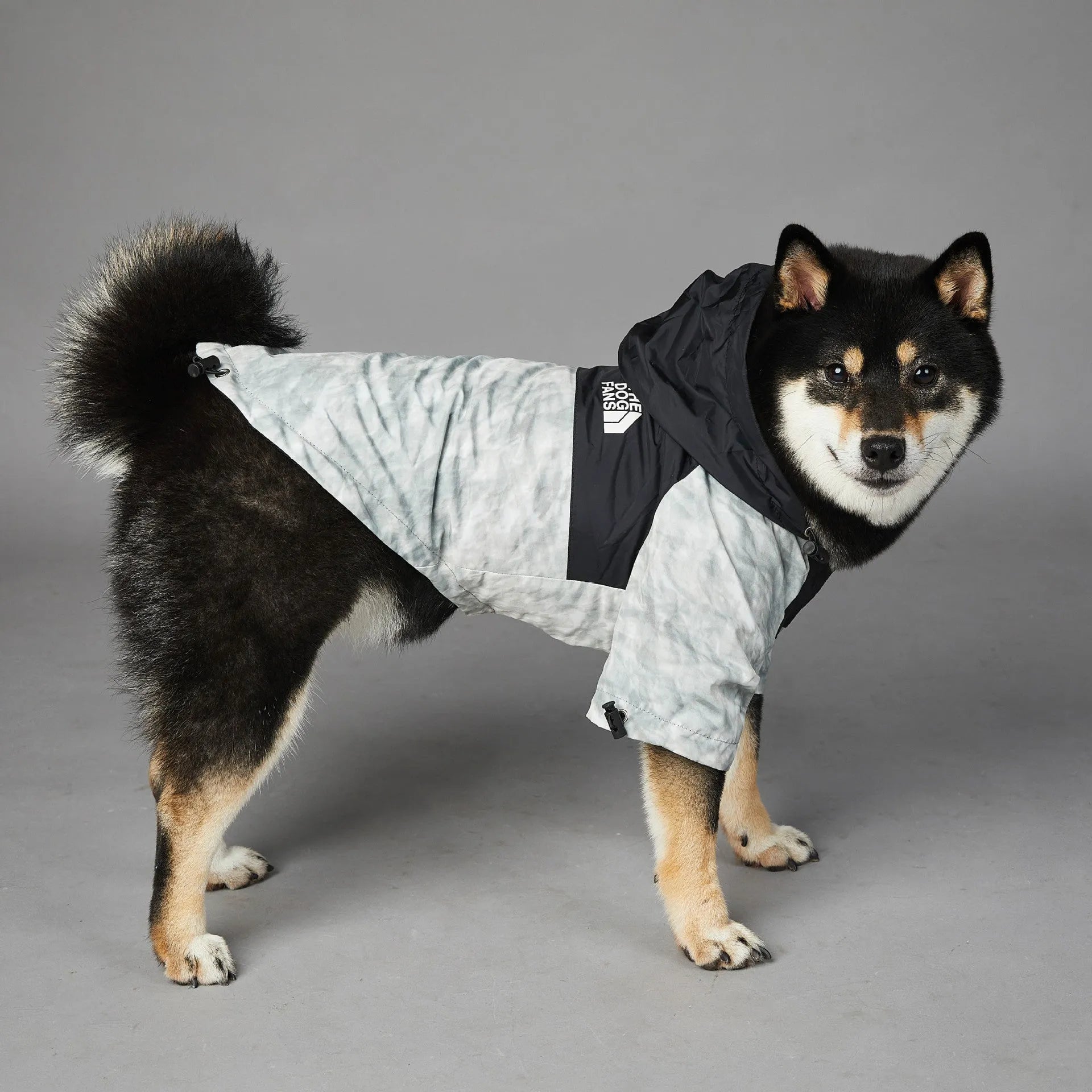 Dog shell jacket in polyester, available in sizes S-5XL, black or waste paper print.