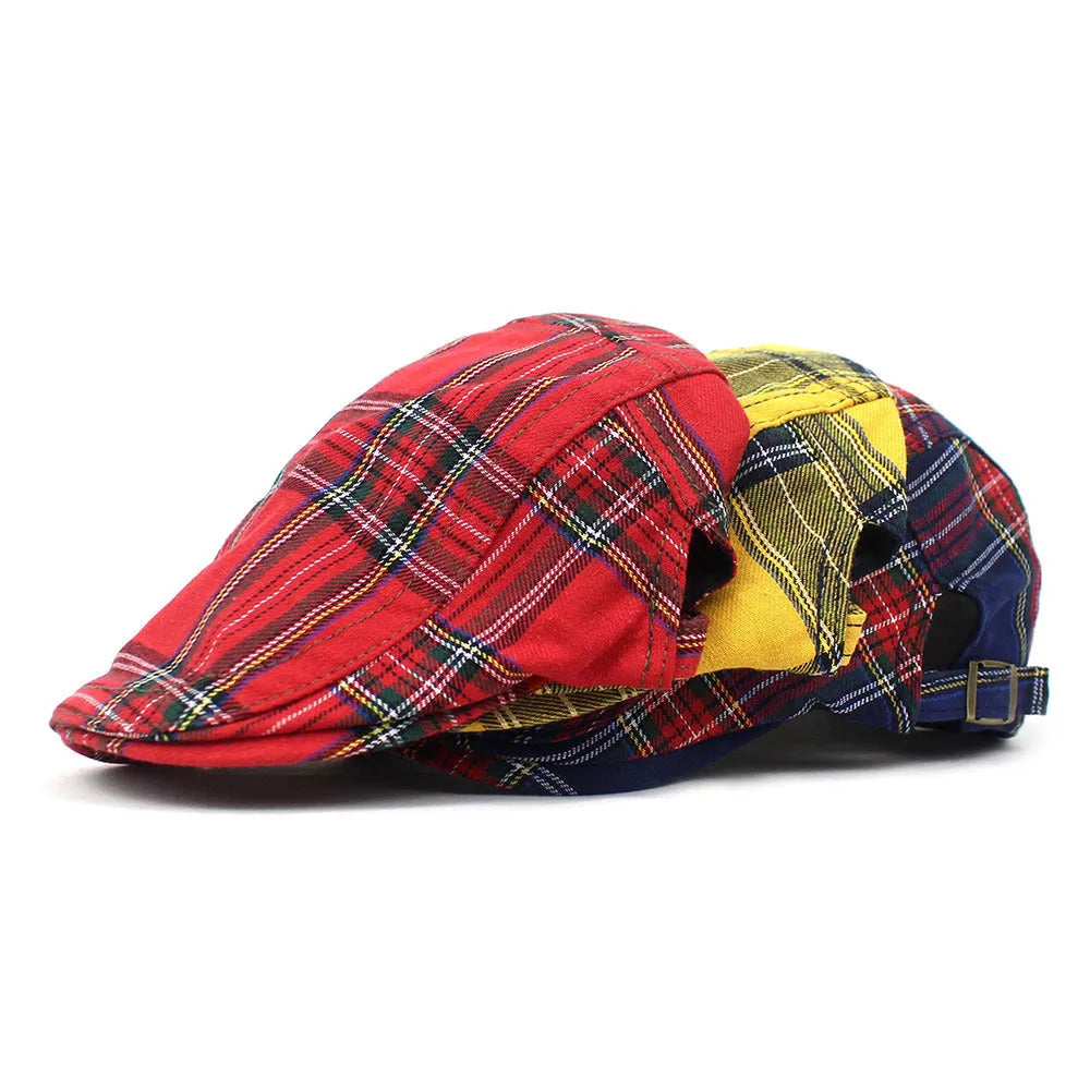 Retro plaid beret for men and women in red with dome crown and curved brim