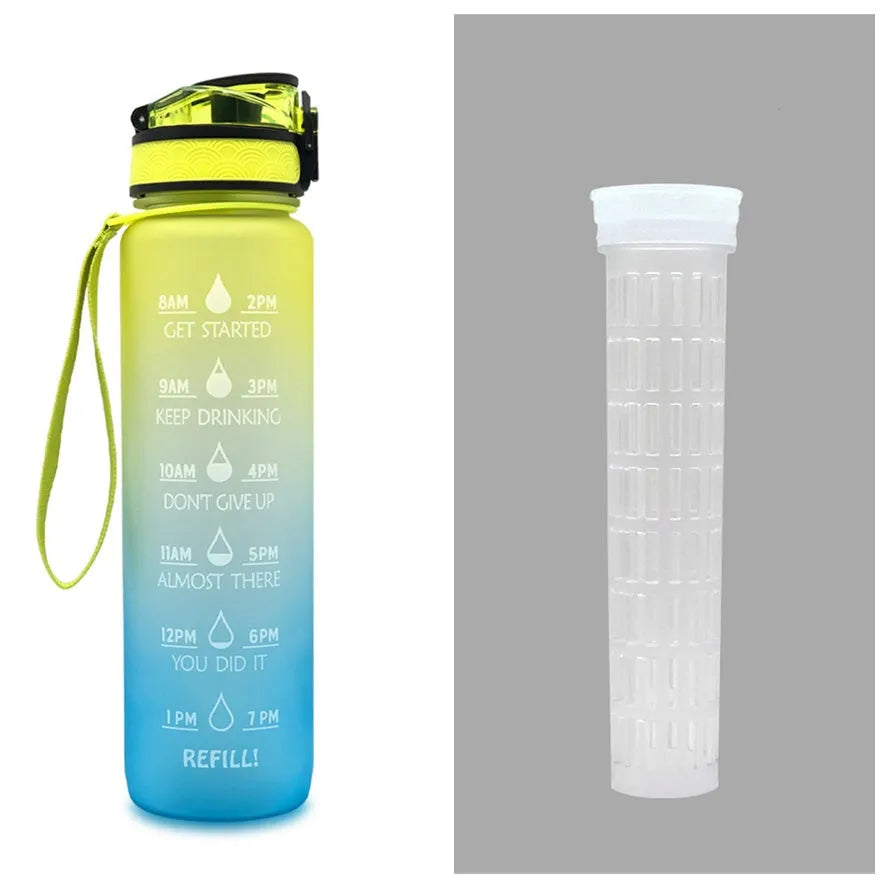 Blue-red gradient 1L Tritan water bottle with time markers and flip-top lid on a gym bag