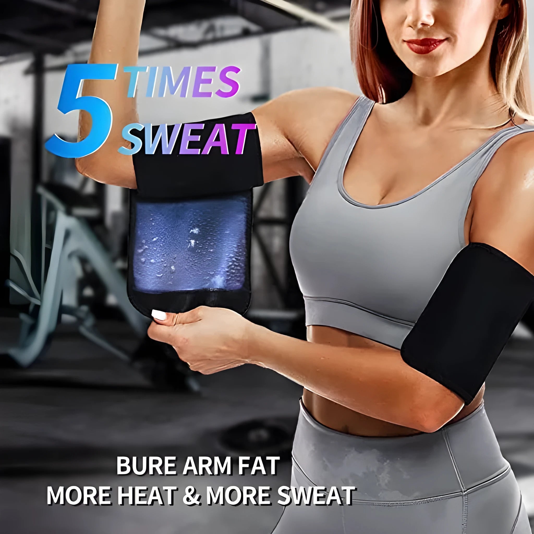 Adjustable neoprene sports armband with buckle, shown in blue, secured on an arm during exercise.