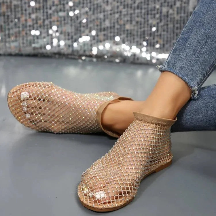 New women's hollow flat sandals with rhinestone design, round toe, mesh upper, rubber sole in beige