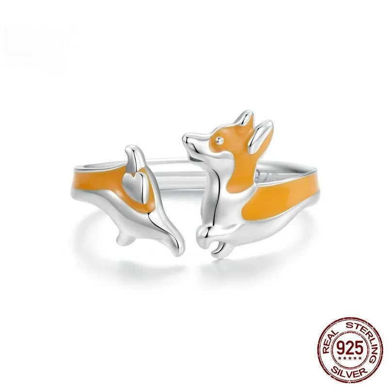 Cartoon Corgi dog design silver plated ring for women with electroplated SCR1014-E finish