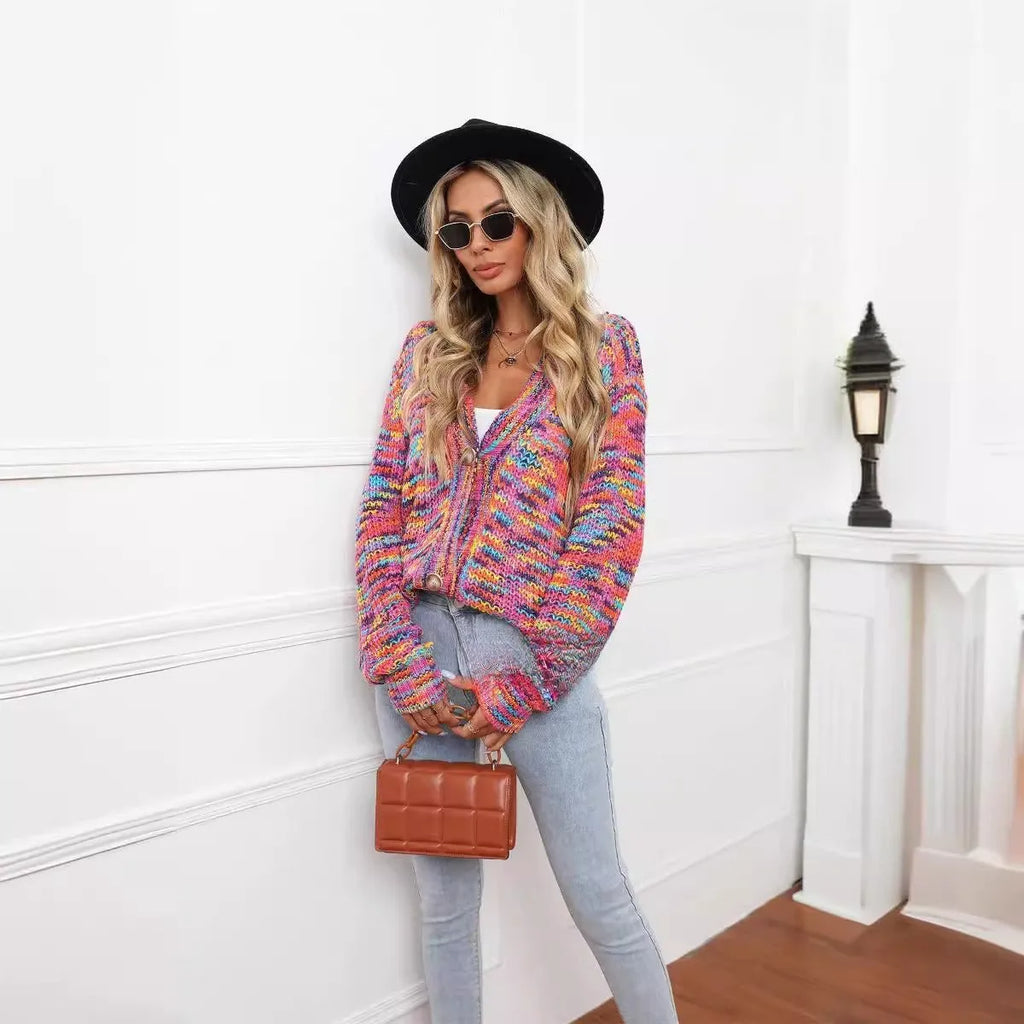 Rainbow mixed colour festival dyed short cardigan knitted coat with striped pattern