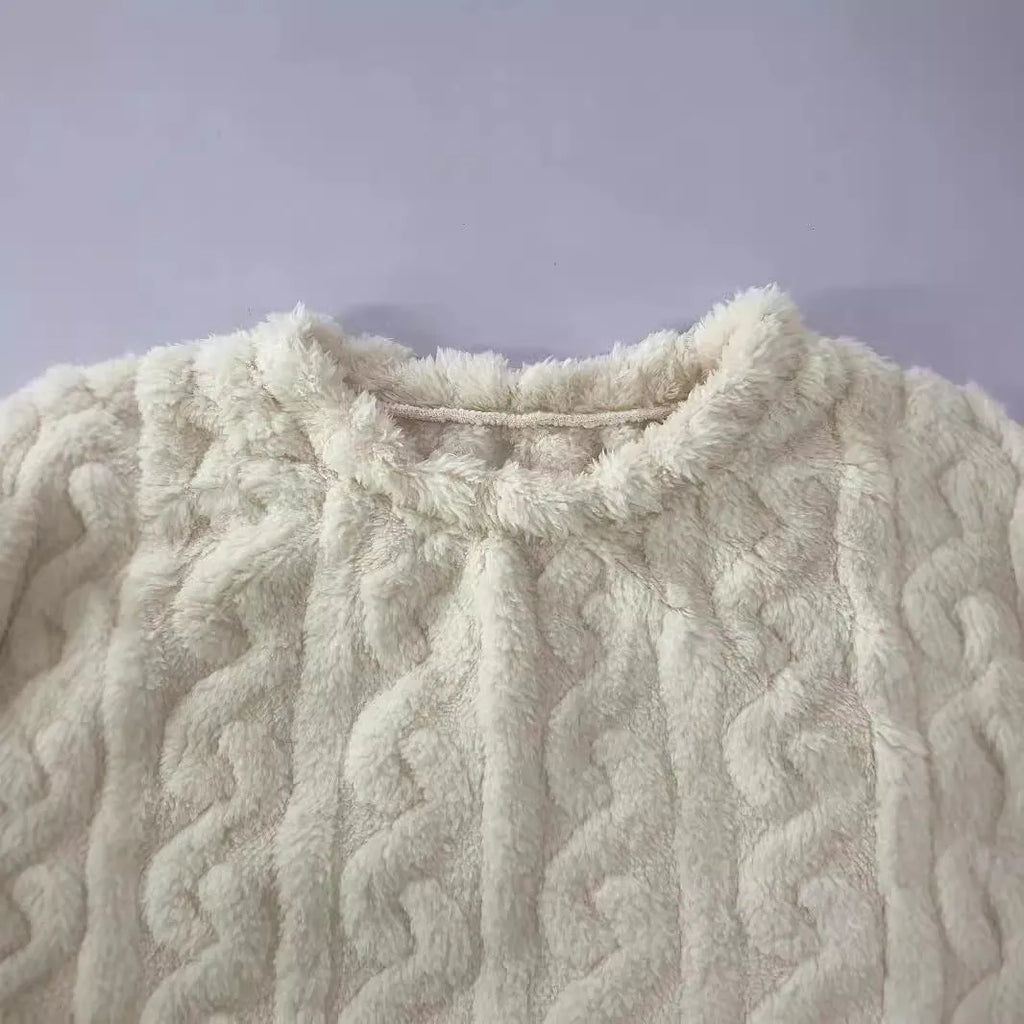 Women's creamy white plush polyester two-piece set with crew neck top and full-length trousers