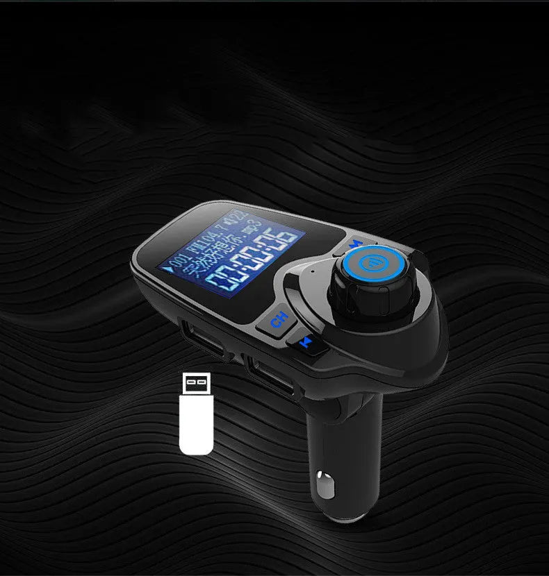 Black car Bluetooth FM transmitter hands-free device plugged into a 12V socket