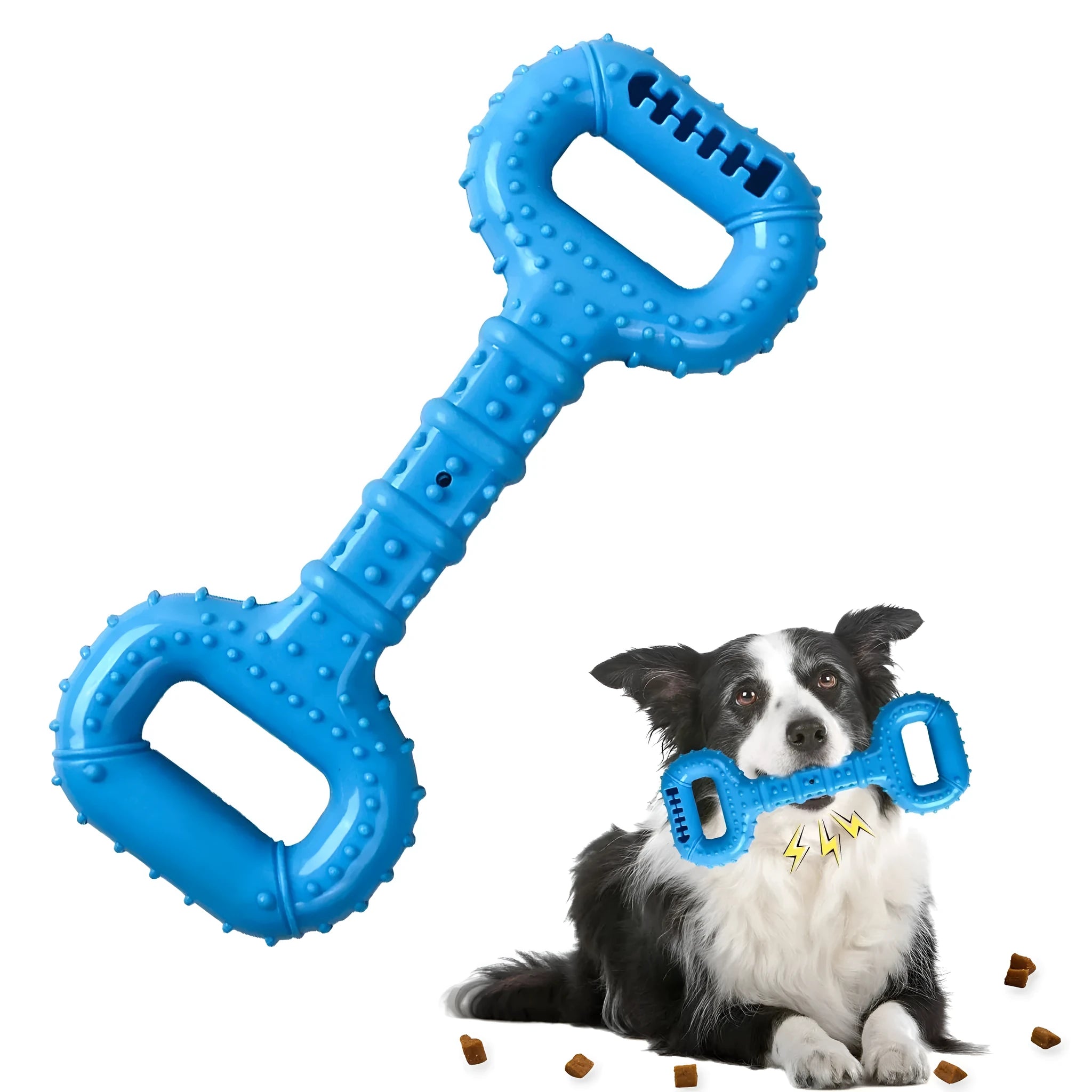 Blue dog bone toy with pull band for aggressive chewers