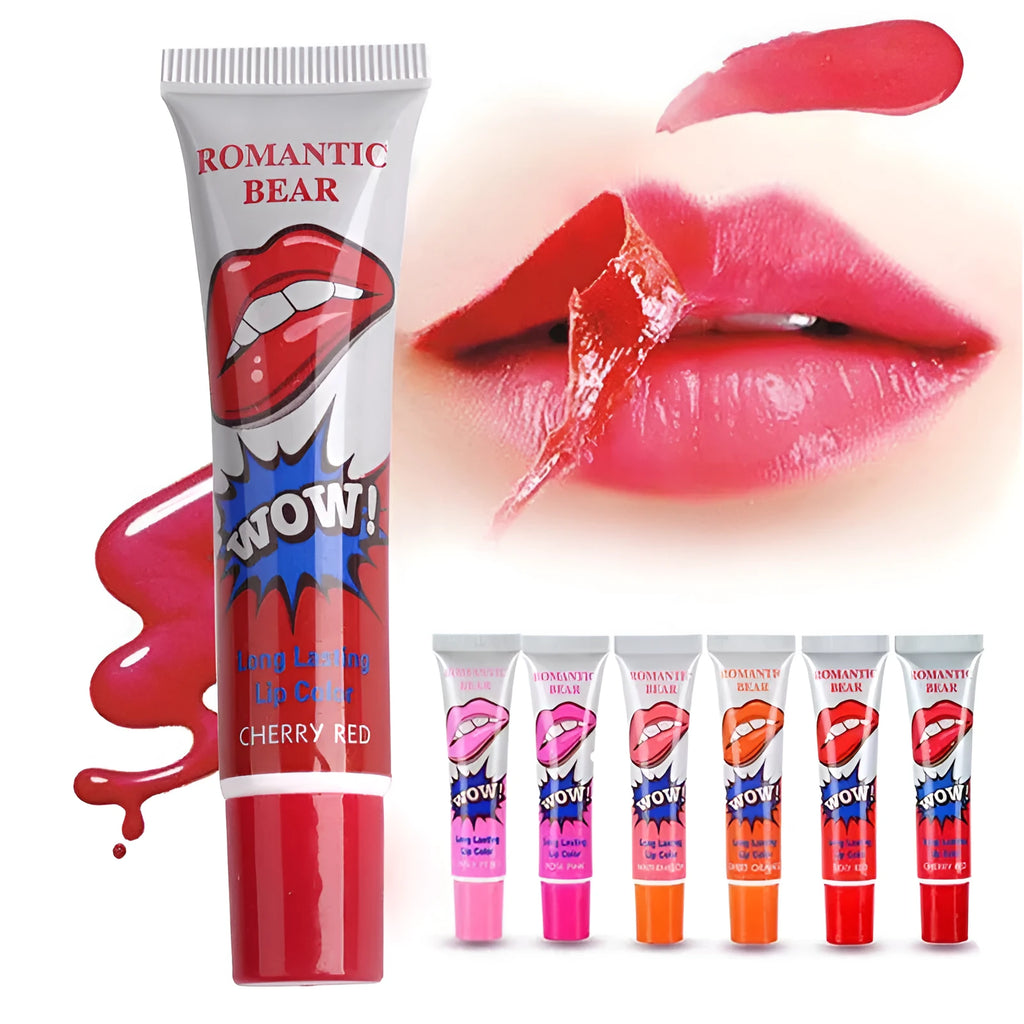 Set of six peel off liquid lipstick colours in Rose Pink, Cherry Red, Sex Red, Watermelon, Lovely Peach, and Sweet Orange