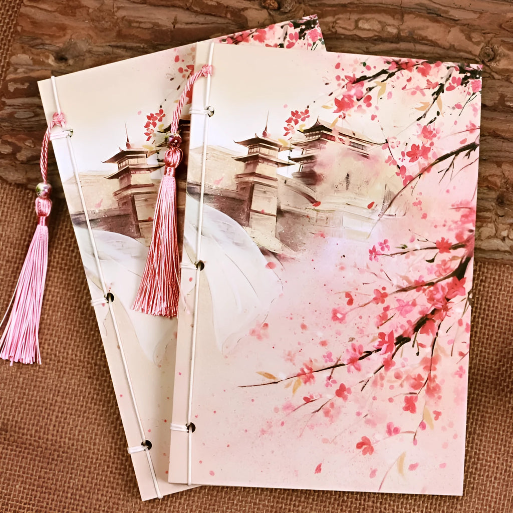 Traditional Chinese thread-bound notebook with watercolour floral cover in Azalea colour, A5 size