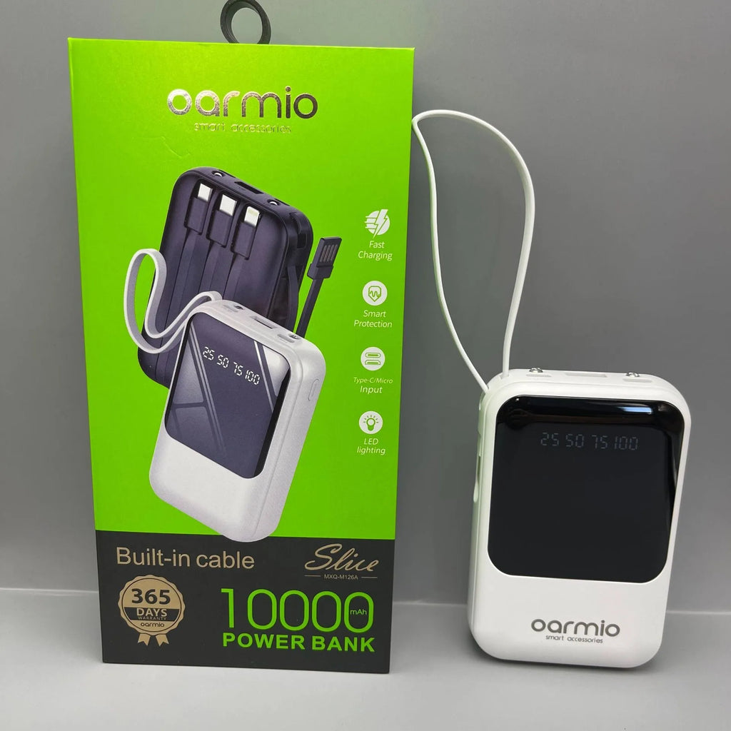 Oarmio Mini M126A 10000mAh portable power bank with integrated cable in white, PVC shell