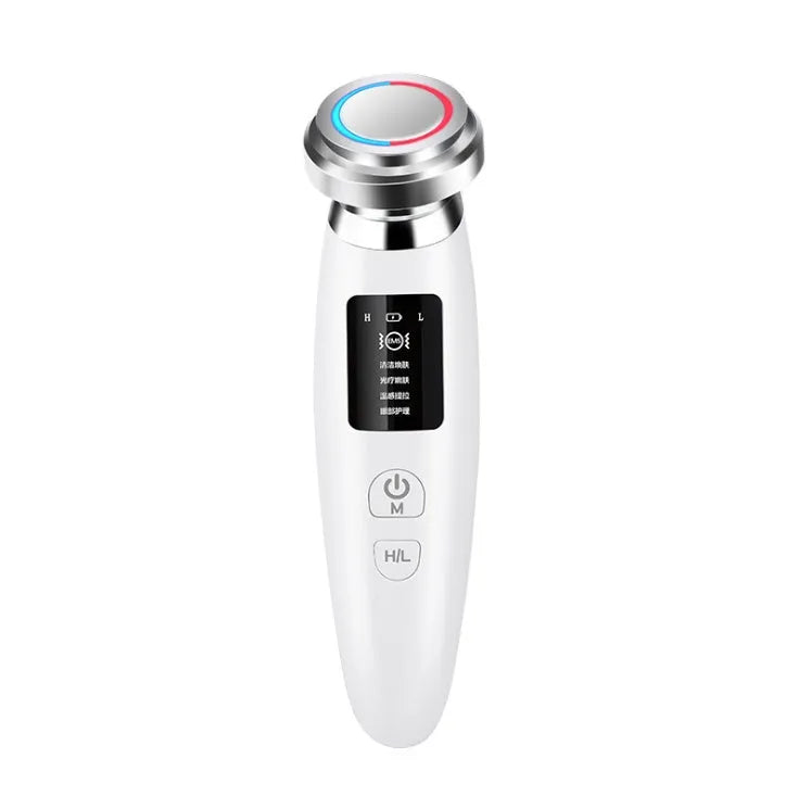 Pink portable skin rejuvenation and facial cleansing beauty instrument showing its compact size.