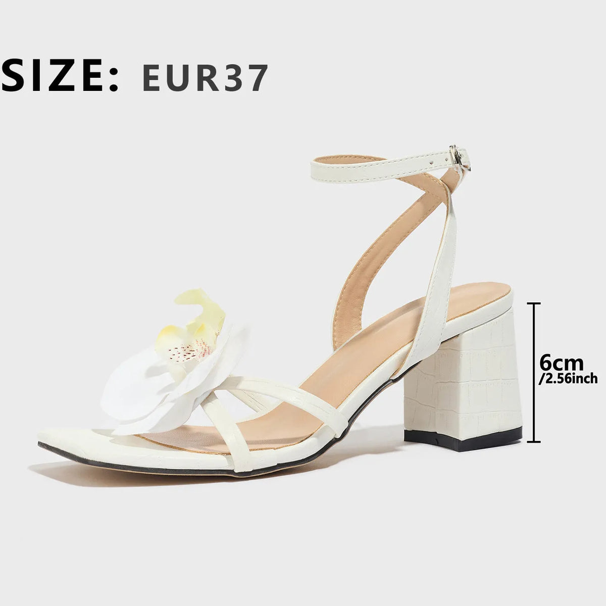 Women's white square toe chunky heel sandals with three-dimensional flower detail on artificial PU upper