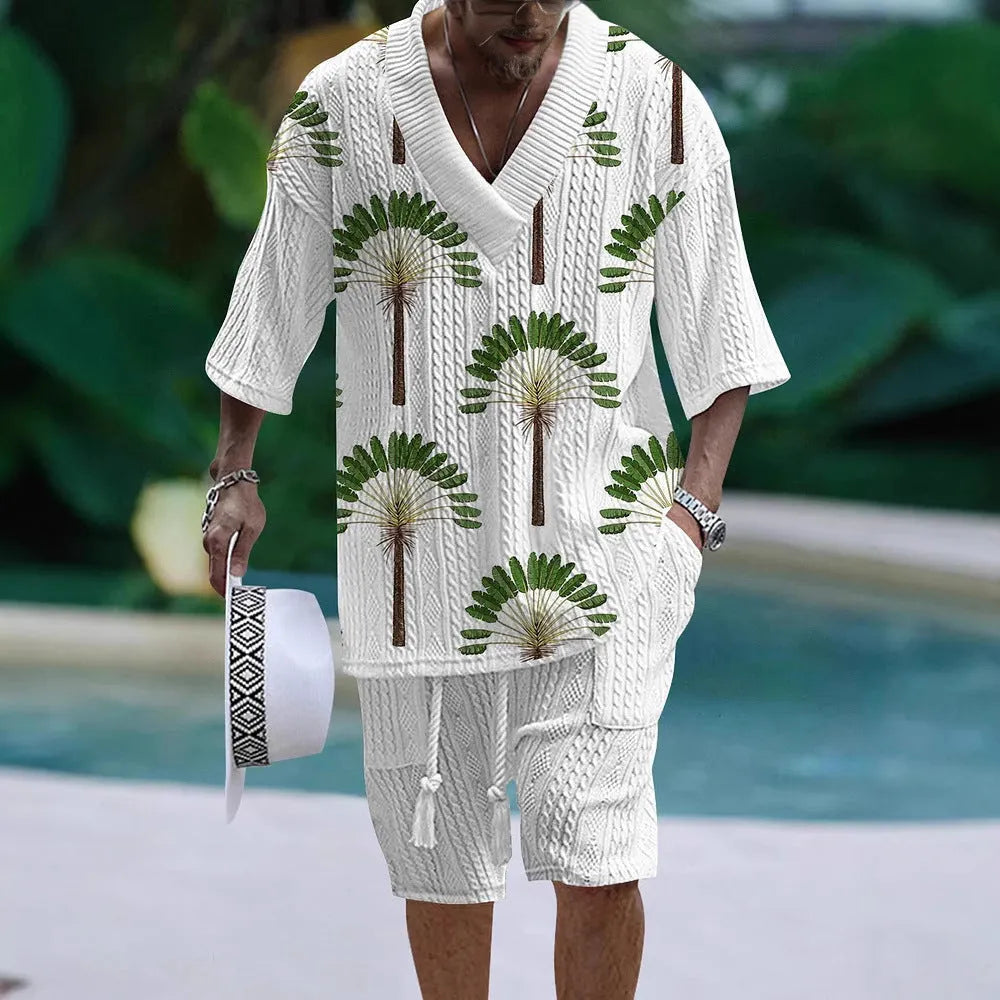Men's loose casual short sleeve suit set with matching shorts in polyester fabric