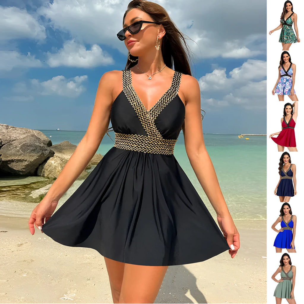 Women's V-neck printed swimsuit cover-up dress in nylon spandex fabric on a hanger