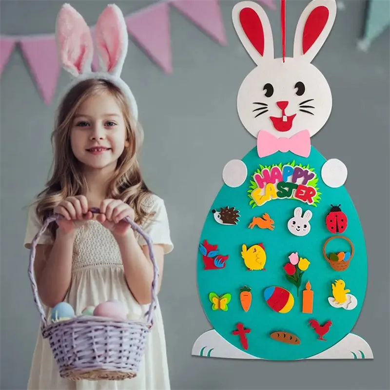 Easter felt bunny pendant with 7 detachable egg patches, 89 cm x 51 cm, for wall or door decoration