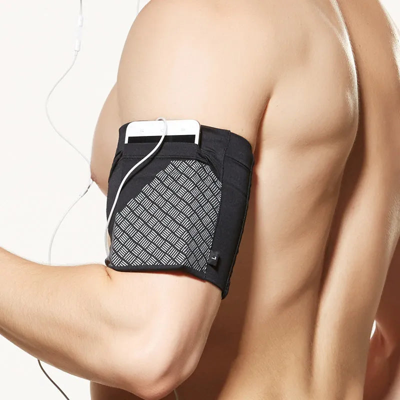Mobile phone arm pocket in black with plain pattern on a white background, showing armband and pocket for phones under 6.5 inches