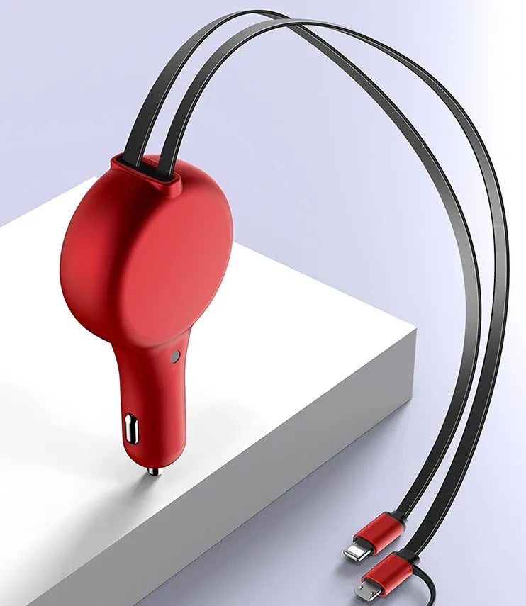 A black retractable dual-port car charger with extended cables, shown next to a vehicle power socket.