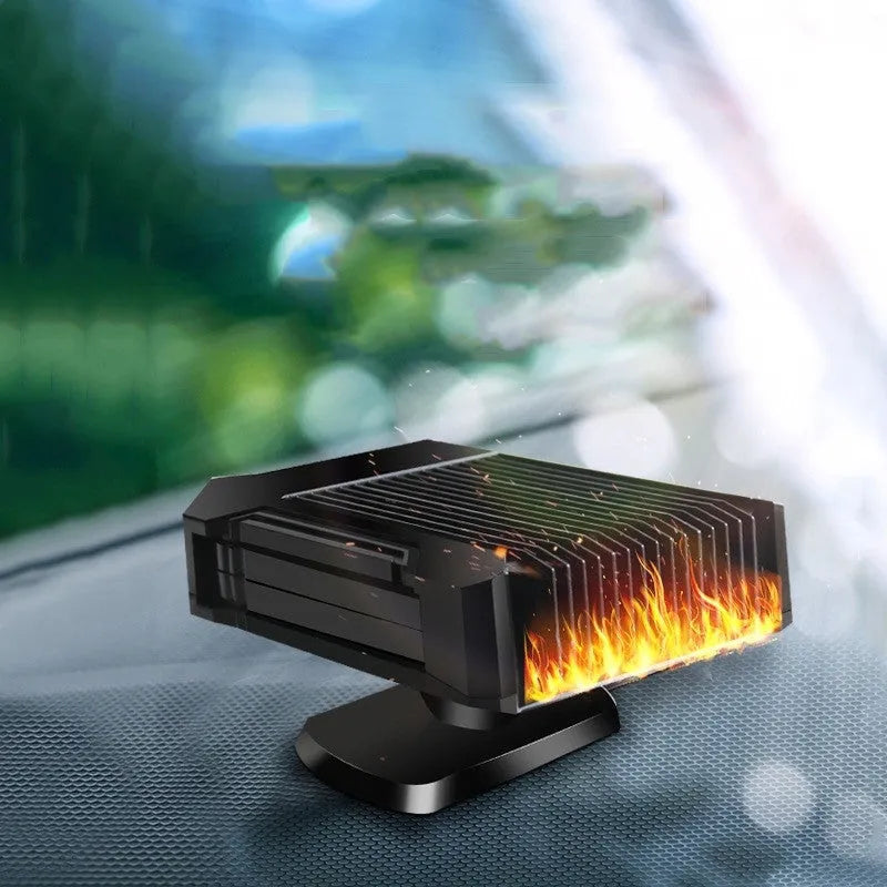 Black 12V car heater defroster fan with ABS plastic housing, plugging into cigarette lighter socket