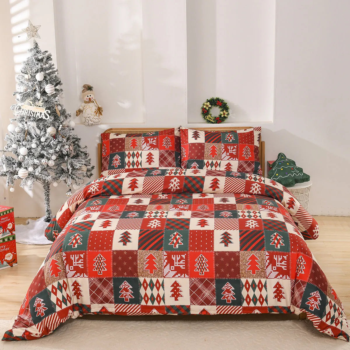 Red plaid Christmas bedding three-piece set with quilt cover and pillowcases