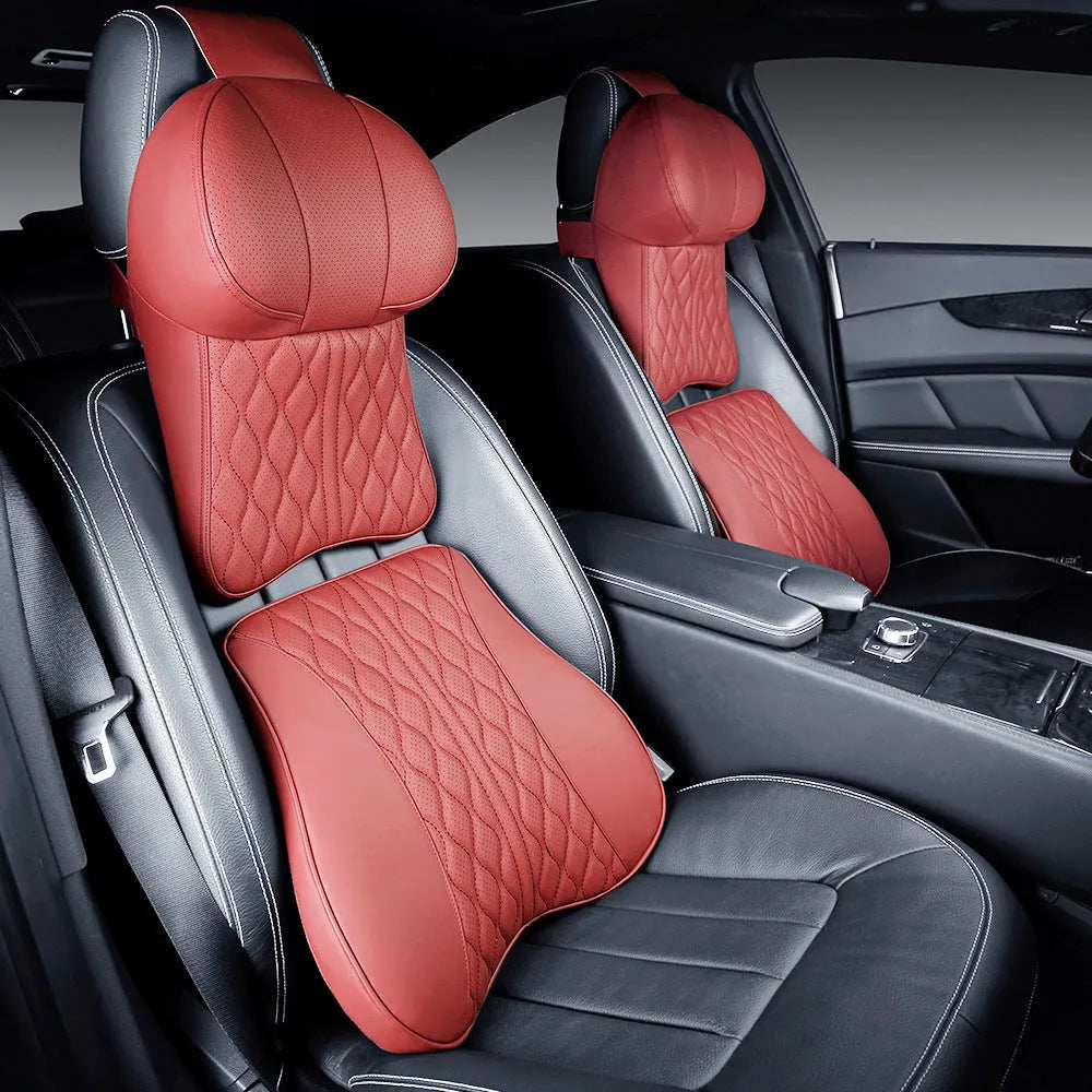 Car neck pillow and lumbar support cushion set with wavy pattern embroidery in leather-look polyester