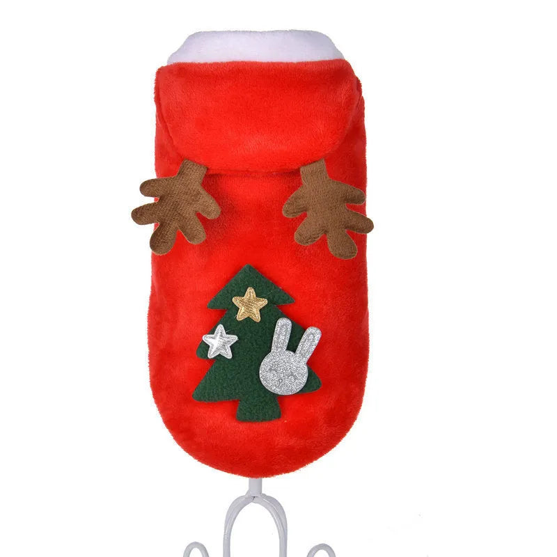 Red flannel Santa dog costume for small dogs, with size options from XS to 2XL. Folded product shown on white background.