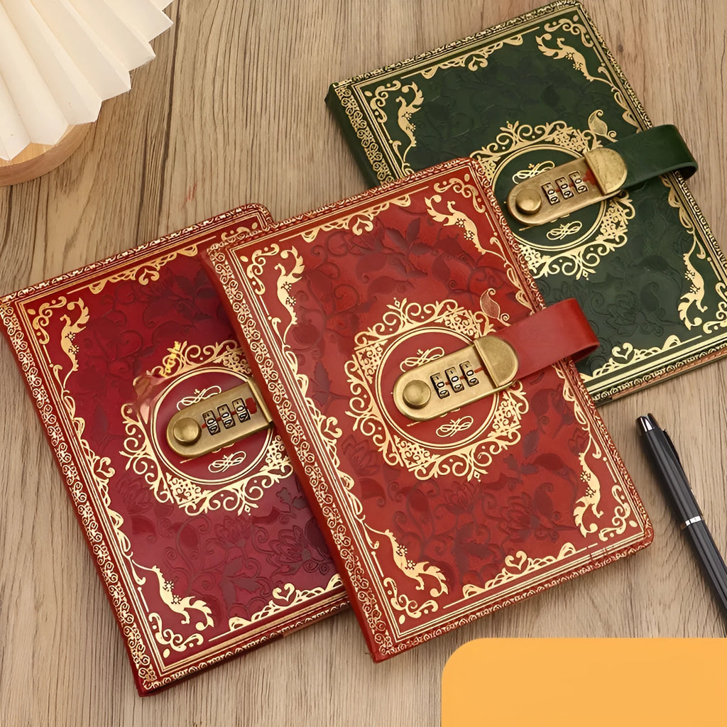 A5 password diary with lock and thickened imitation leather cover in blue, purple, grey, brown, green, or wine red