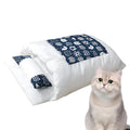 Grey enclosed cat bed house with a removable red inner sleeping bag and pillow, shown in a large size.