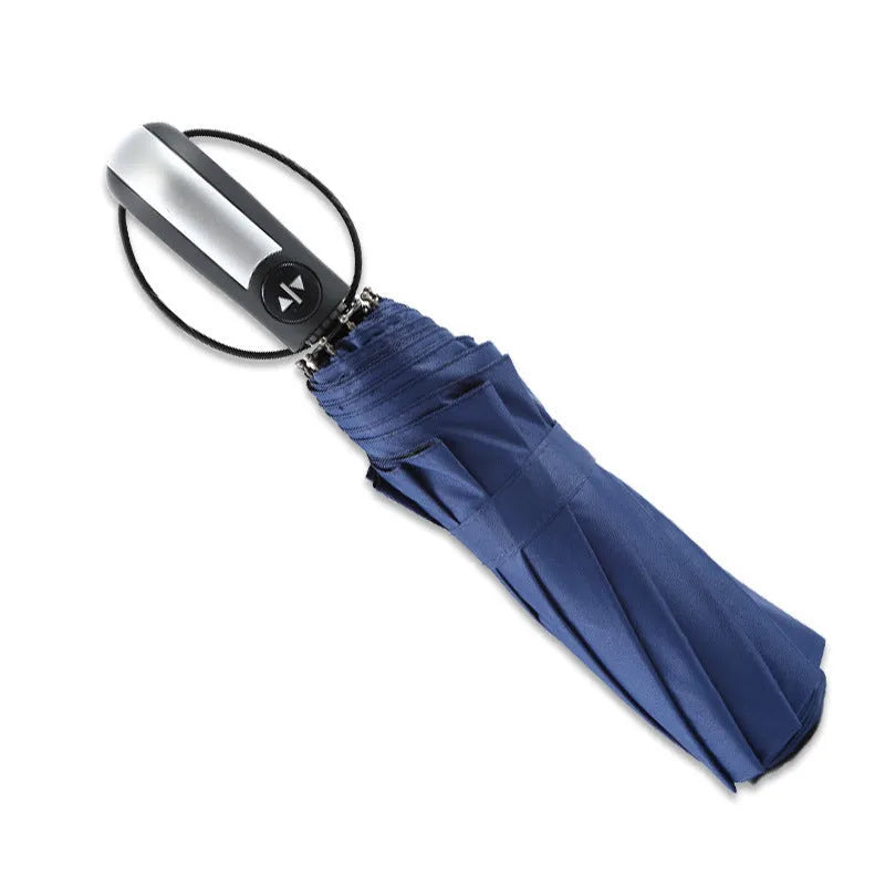 Automatic open triple-folding promotional umbrella with steel frame, shown in black, navy blue, and wine red.