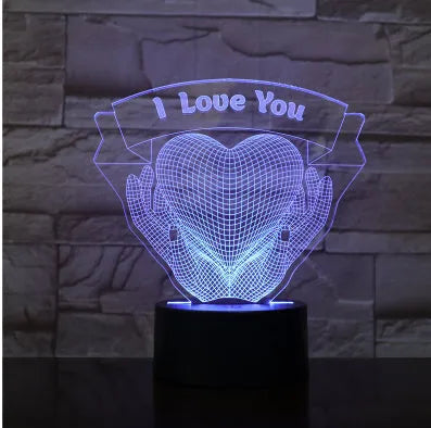 Valentines Day gift 3D night light showing hands holding a heart with seven colour options