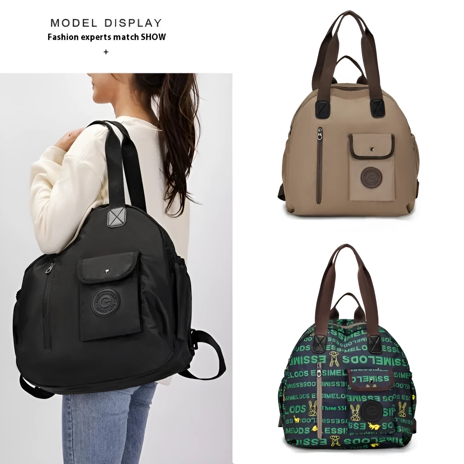 Large black nylon outdoor backpack with a front sandwich pocket, shown next to a khaki version.