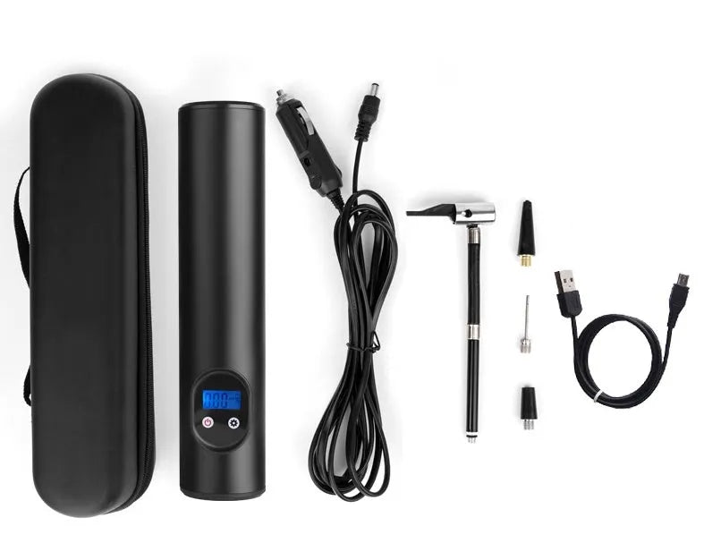 Portable electric air pump with digital gauge and LED light, 150PSI, black and gray design