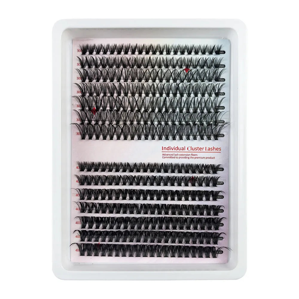 Box of mixed messy false eyelashes in five specifications for DIY volume and lash extensions.