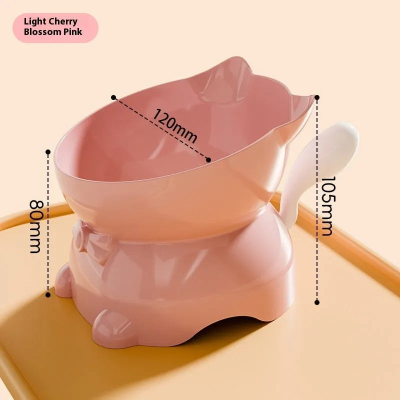 Matte finish stainless steel tilted cat bowl in four colours on a kitchen counter