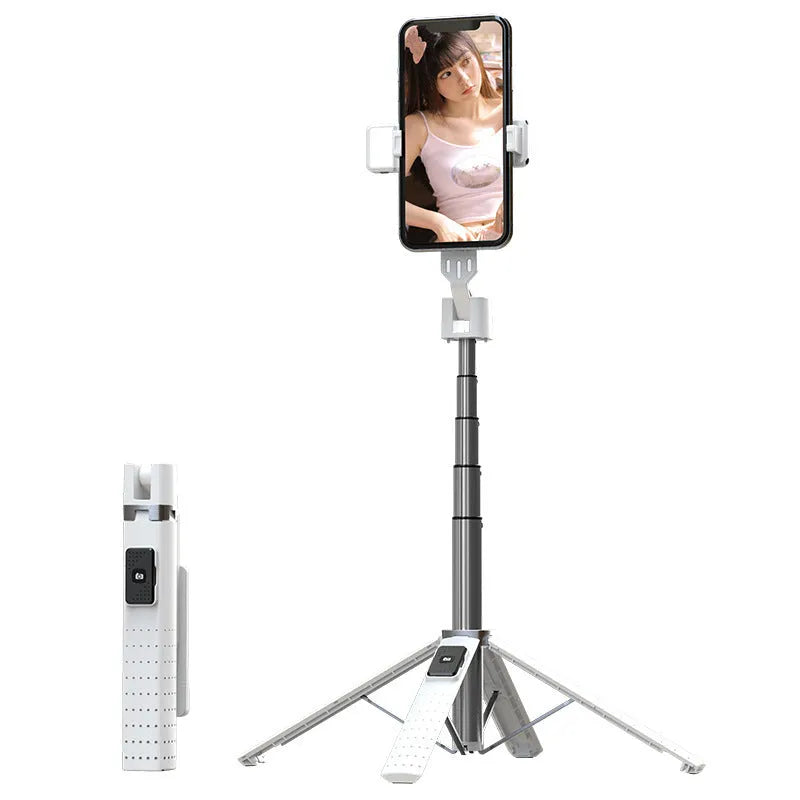 Tetrapod mobile phone selfie stick with double fill light and Bluetooth remote, white colour, extended on a table