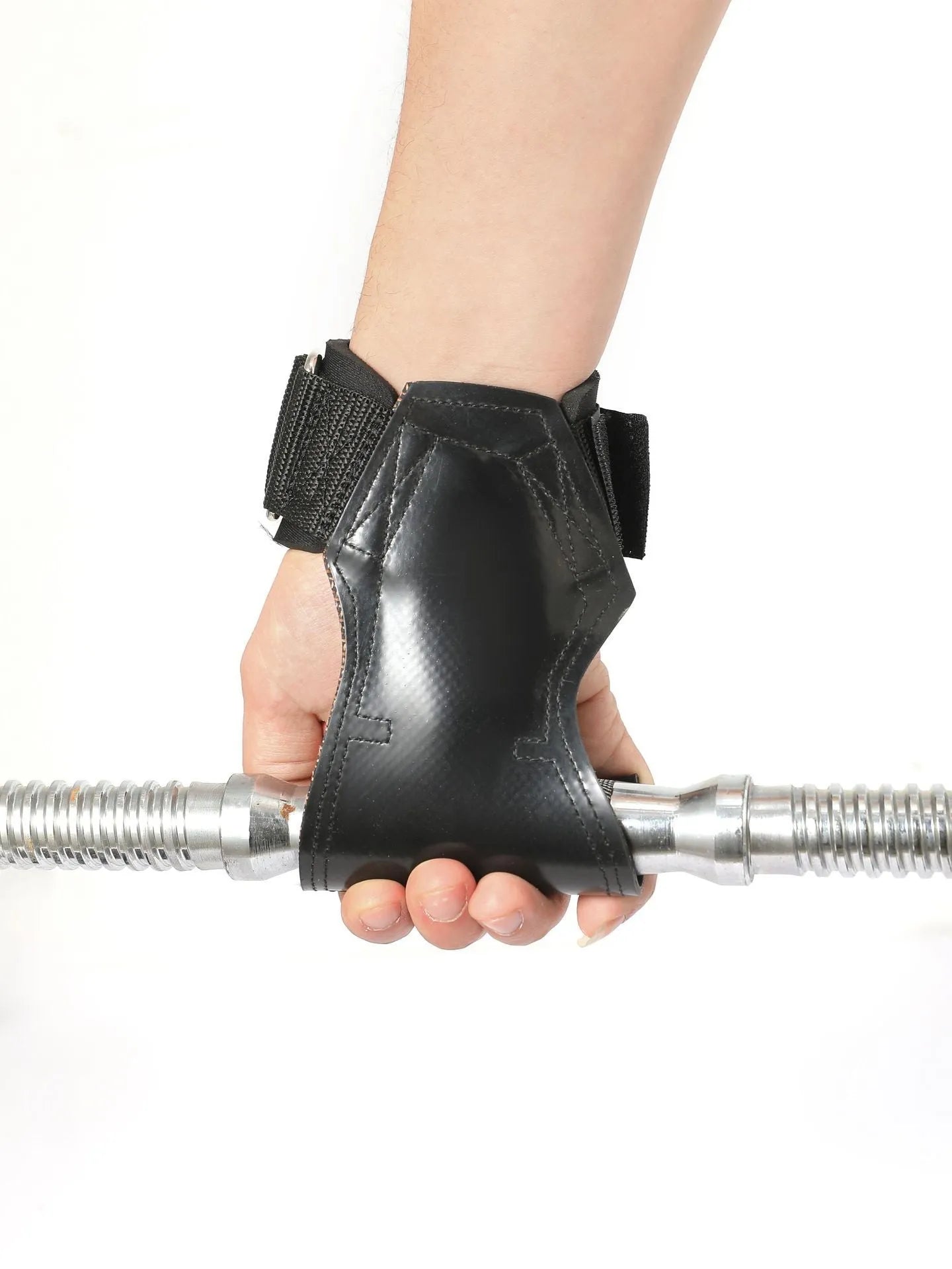 Black rubber palm protector with an assist strap for weightlifting and rock climbing.