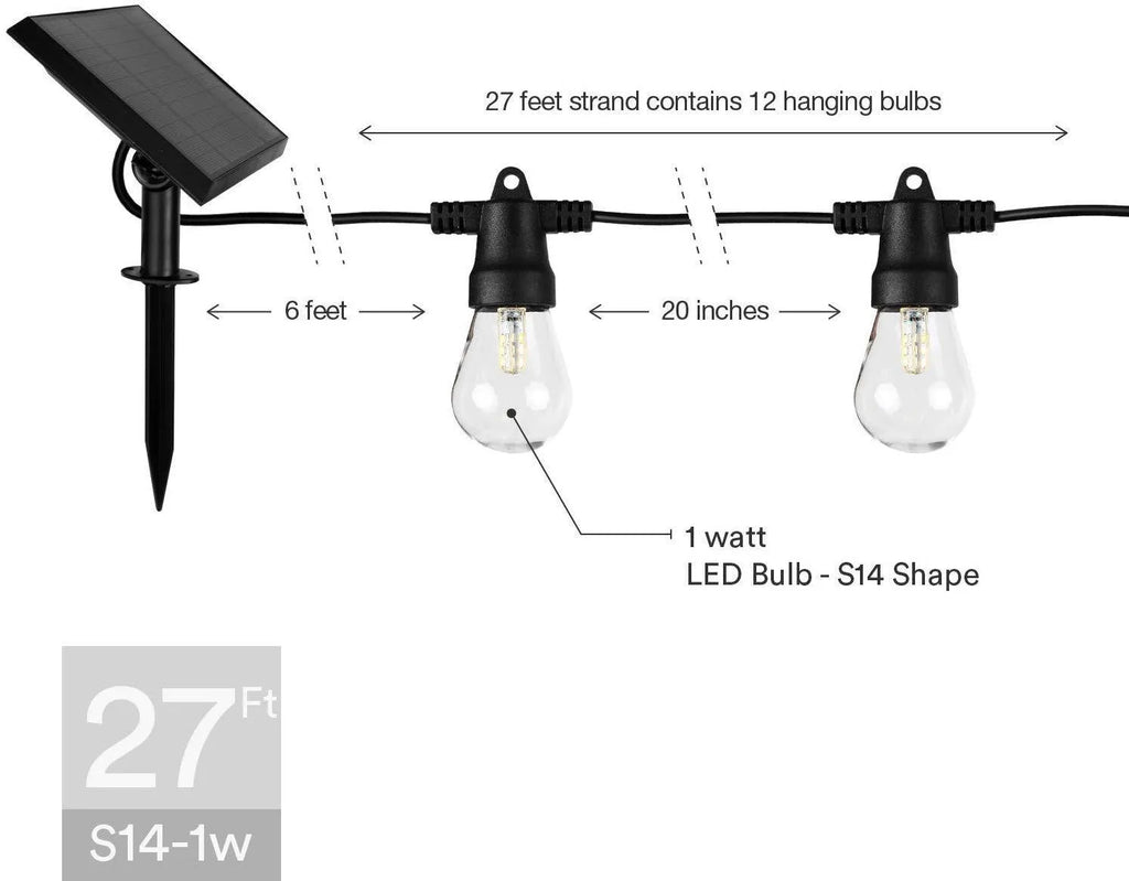 Waterproof solar-powered LED string lights with PVC shell for outdoor garden and patio use.