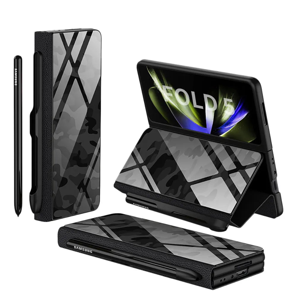 Samsung Galaxy Z Fold5 flip phone case in black camouflage pattern with imitation leather finish