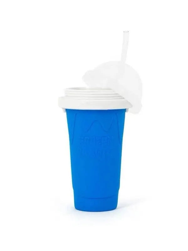 Blue cylindrical silicone pinch cup for making instant slushy smoothies.