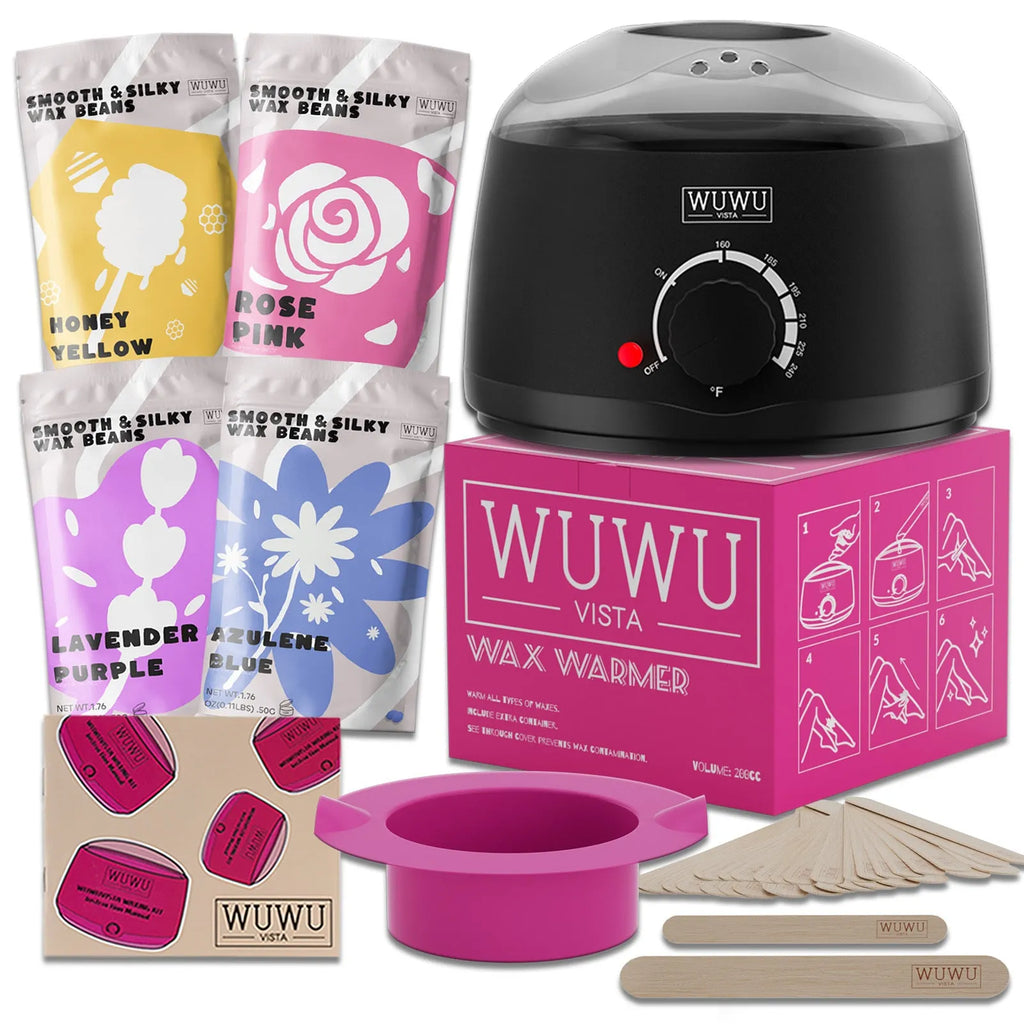27-piece hair removal wax kit showing a wax heater, four coloured wax bead packs, and applicator sticks on a pink background.