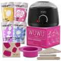 27-piece hair removal wax kit showing a wax heater, four coloured wax bead packs, and applicator sticks on a pink background.