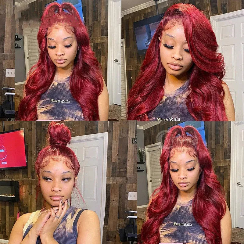 Front lace real hair wig with body wave in 150% density on display