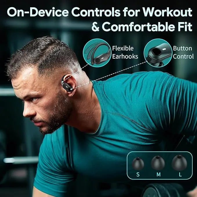 Black sporty wireless Bluetooth headphones with silicone ear hook and digital battery display
