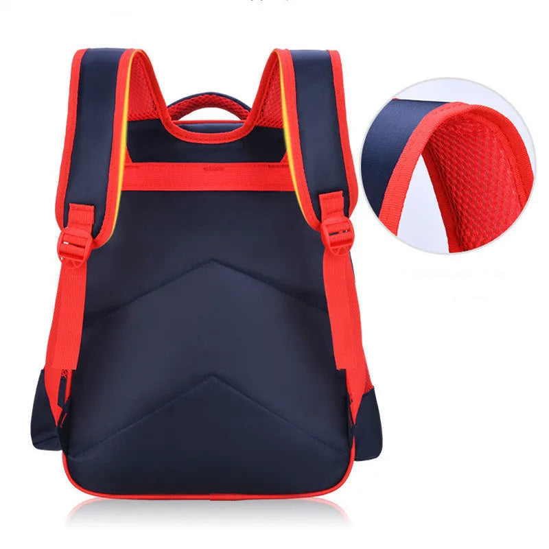 Blue nylon school backpack with cartoon print, shown with a pencil case