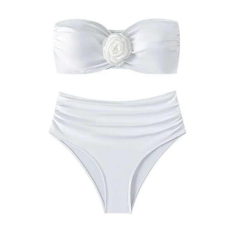 Women's solid colour white polyester tube top bikini set with pants for swimming