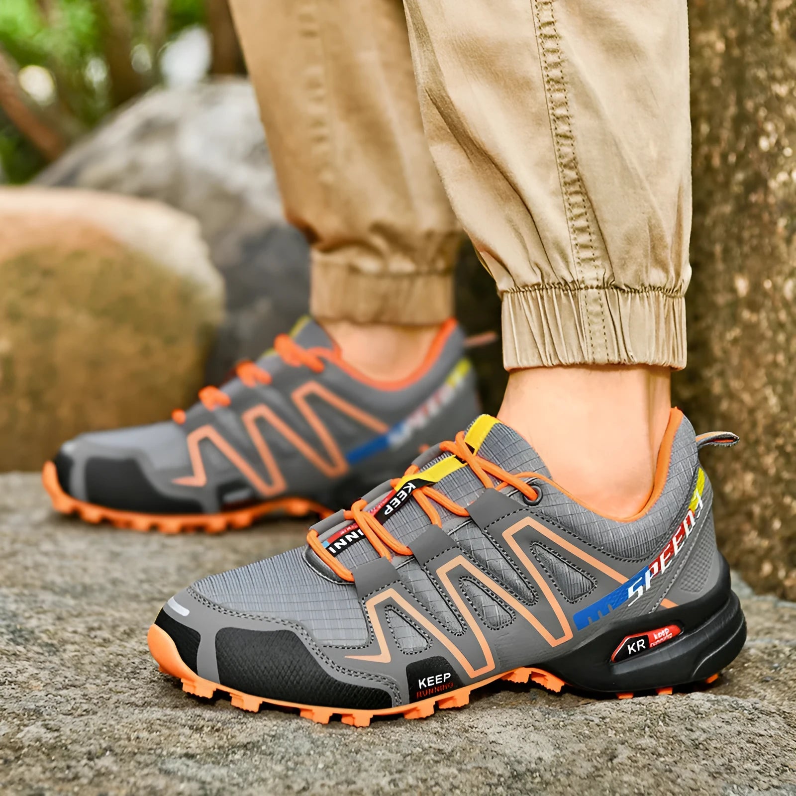 Men's grey orange synthetic leather casual shoes with mesh lining and a rubber sole.