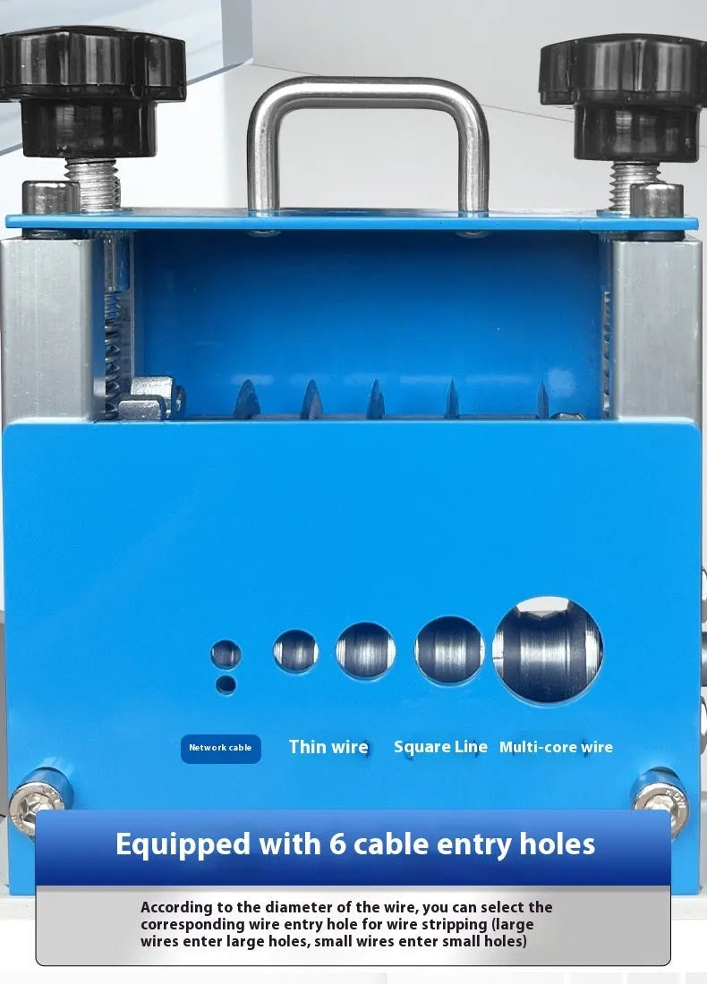 SD-017 manual wire stripping machine tool on a workbench, showing adjustment for cable diameter.