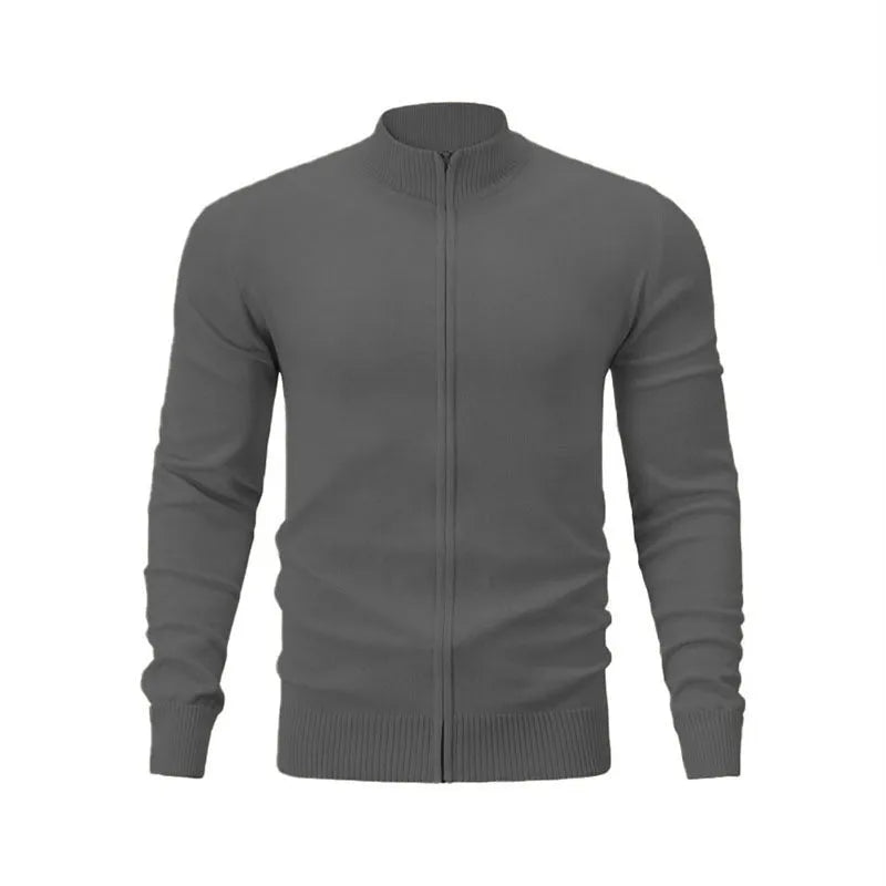 Casual zip-front cotton sweater with a stand collar, shown in a loose fit.