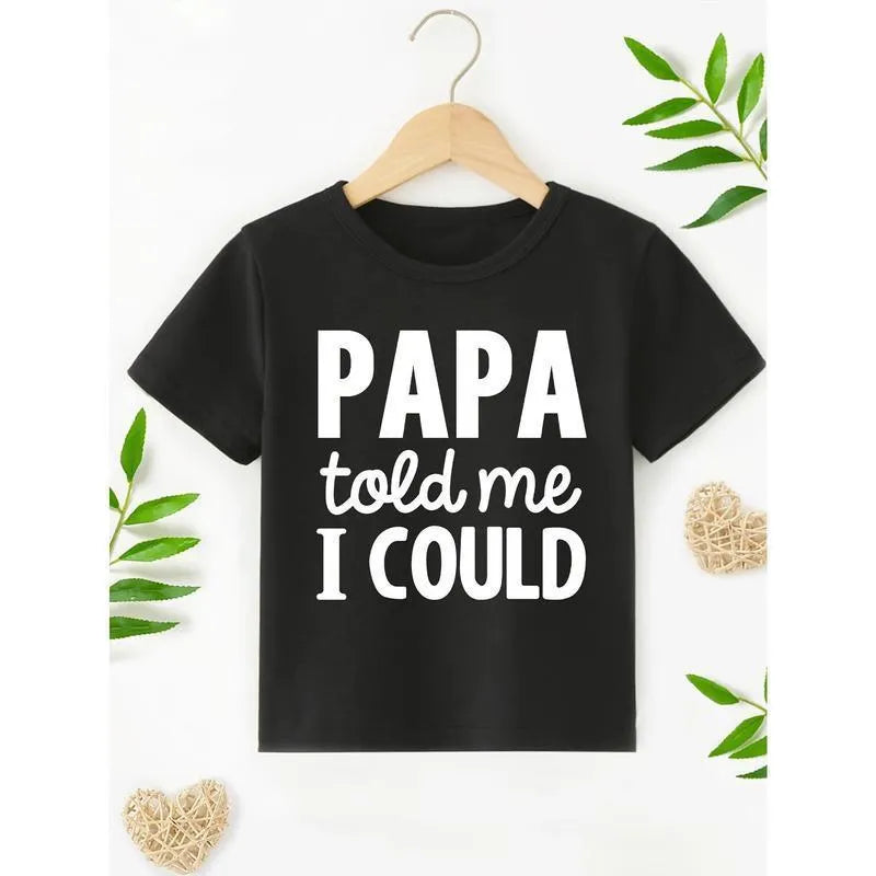 Black pure cotton boys short sleeve t-shirt with 'Dad Told Me I Could' print, neutral fit, sizes 2-8Y